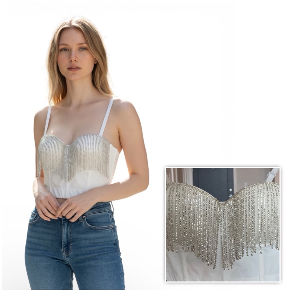 White Rhinestone Fringe Bustier Crop Top – Women’s Size S (36B)